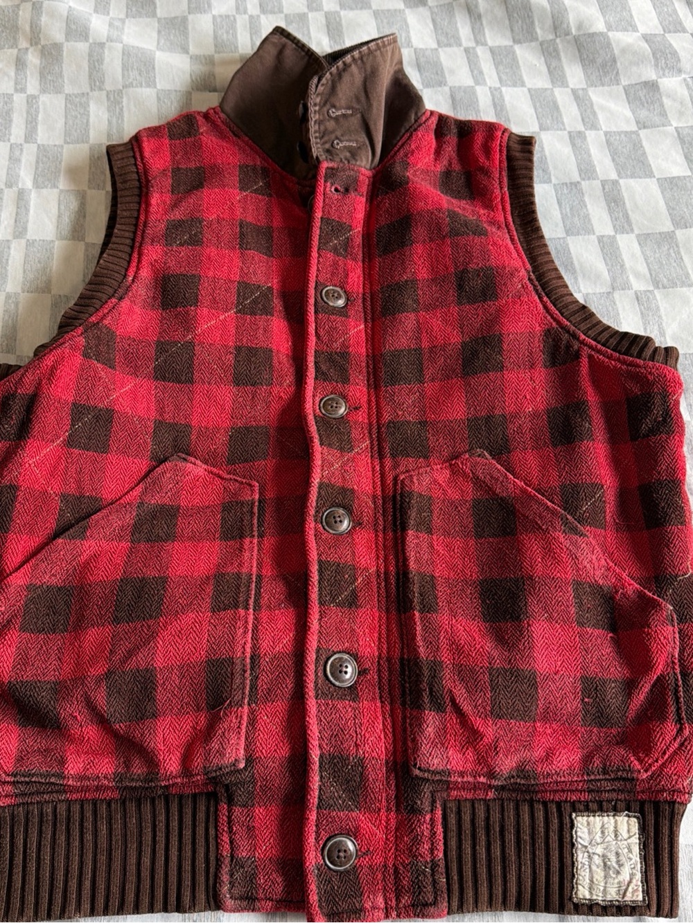 Denim & Supply Ralph Lauren Red and Brown Corduroy Trim Plaid Vest